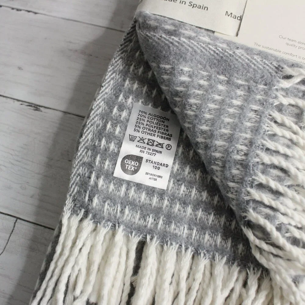 Made in Spain Throw Blanket Gray Cream with Fringe Cotton Blend
